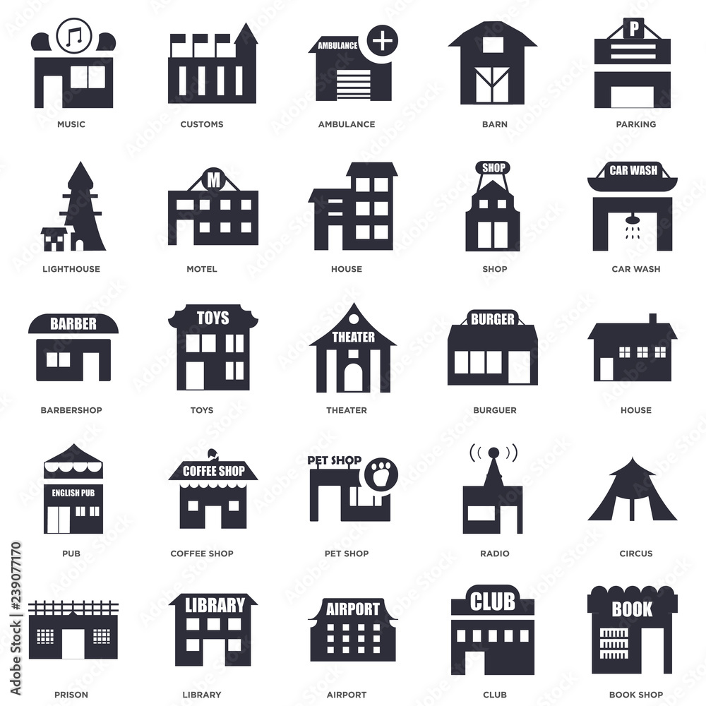 25 icons related to Book shop, Club, Airport, Library, Prison, Car wash, Burguer, Pet Pub, Lighthouse, Ambulance, Customs signs. Vector illustration isolated on white background.