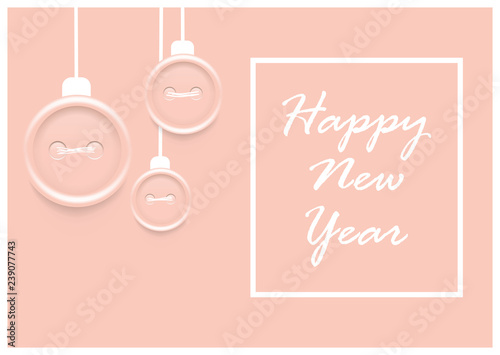 Happy new year 2019 pink vector greeting card / banner with sewing items christmas baubles and script lettering