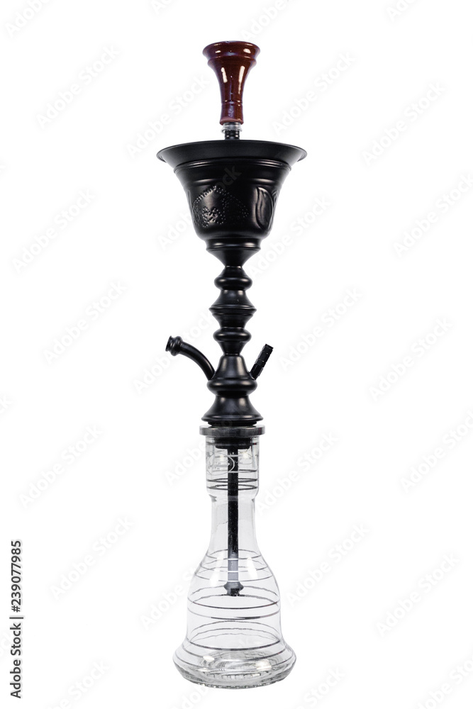 Modern transparent hookah isolated on white background. Hookah with rubber tube and flask isolated on white background. Eastern smokable water pipe smoking on white background Modern transparent hookah isolated on white background. Hookah with rubber tube and flask isolated on white background. Eastern smokable water pipe smoking on white background