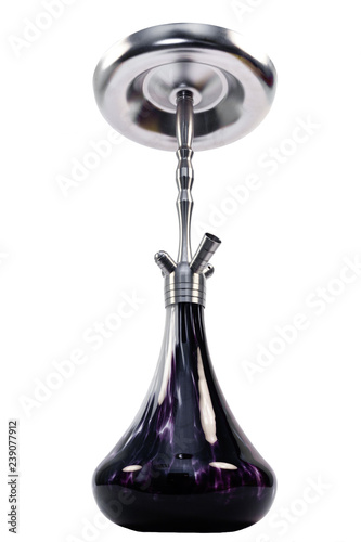 Modern transparent hookah isolated on white background. Hookah with rubber tube and flask isolated on white background. Eastern smokable water pipe smoking on white background