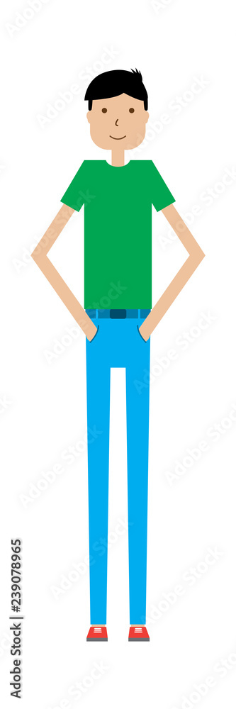 A slim teenage boy in casual clothes. Flat design - shy, thin, tall and  smiling boy holding hands in pockets. Stock Vector