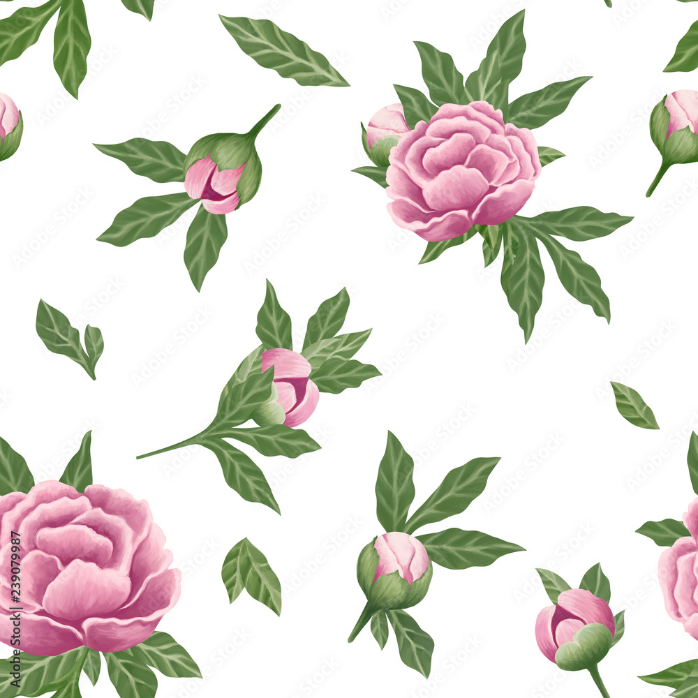 Peonies seamless pattern white isolated, floral background, scrapbooking backdrop