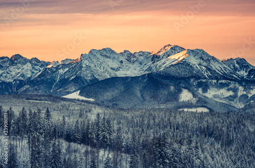 Colorful winter sunrise , Tatra mountains landscape