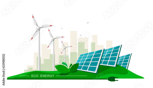 Vector illustration of clean electric energy from renewable sources sun and wind on white. Power plant station buildings with solar panels and wind turbines on city skyline urban landscape.Eco energy 