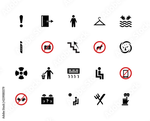 20 icons related to Silence, Road Collapse, Hand wash, Hanger, No touch, Exit, Wheelchair, Info signs. Vector illustration isolated on white background.