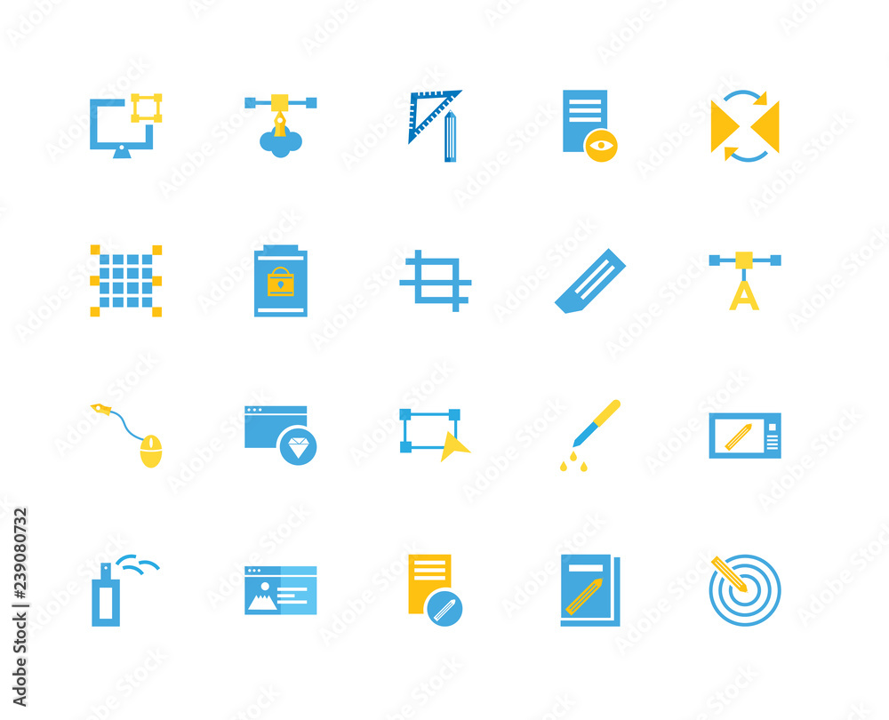 20 icons related to Target, Book, Sketch, Browser, Paint spray, Reflect, Eraser, Transform, Mouse, File, Protractor signs. Vector illustration isolated on white background.