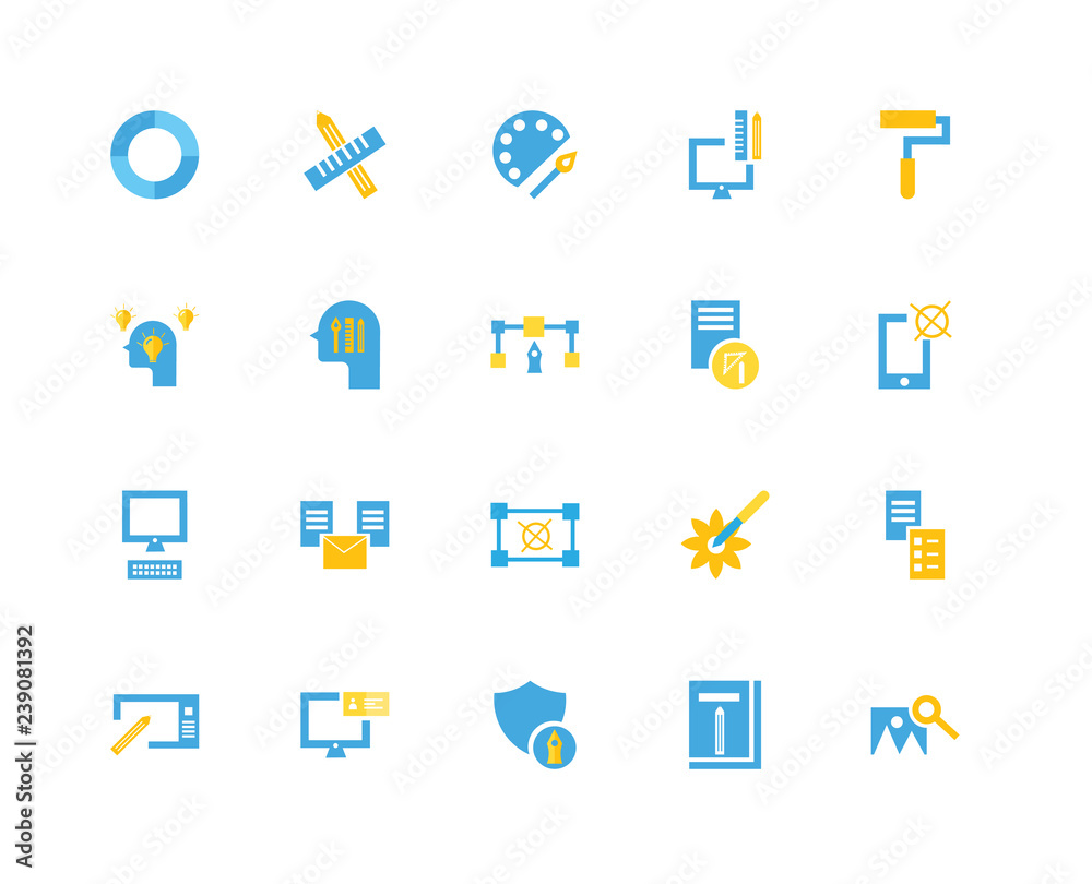 20 icons related to Image, Graphic de, Shield, Laptop, Tablet, Paint roller, Sketch, Creativity, palette signs. Vector illustration isolated on white background. 20 icons related to Image, Graphic de, Shield, Laptop, Tablet, Paint roller, Sketch, Creativity, palette signs. Vector illustration isolated on white background.
