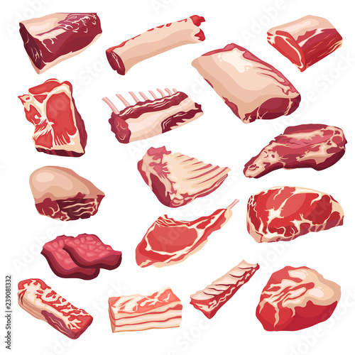 Fresh meat icons set in style flat. Vector isoletad objects. Gastronomic products.