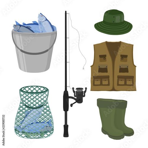 Vector fishing collection. Fish-rod, boots, sweep-net, vest and bucket