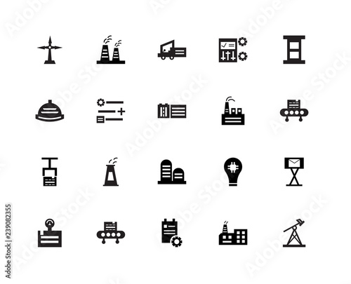 20 icons related to Pumpjack, Factory, Clipboard, Conveyor, Weight, Oil, Tanks, Package, Mechanism, Forklift signs. Vector illustration isolated on white background.