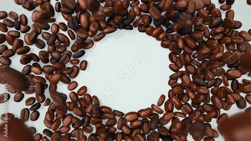 Coffee Beans Falling Down Forming Circular Space For Logo Or Sign