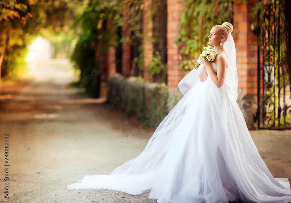 Beautiful bride in white dress in the autumn garden Beautiful bride in white dress in the autumn garden