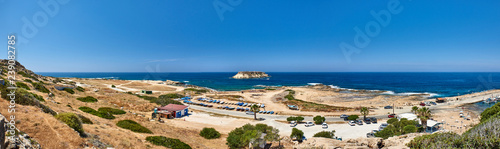 Cyprus. Peyia Cape Drepano. Panorama of the coast with the island of Kionas