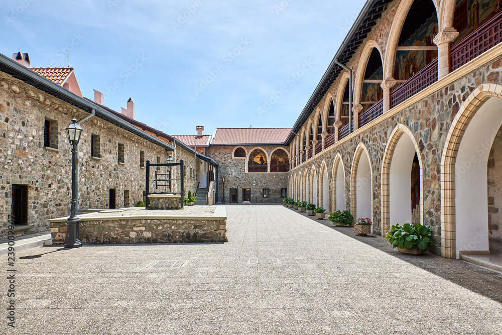 Cyprus. Troodos. Monastery Kykkos. The second courtyard. Cells, loggia and well
