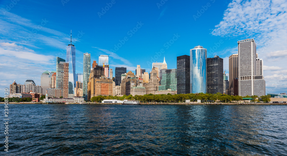 Manhattan panoramic skyline view. New York City, USA. Office buildings and skyscrapers at Lower Manhattan (Downtown Manhattan)..