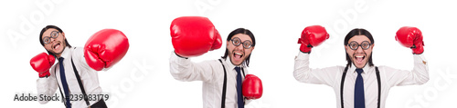 Funny young  businessman with boxing gloves isolated on white © Elnur