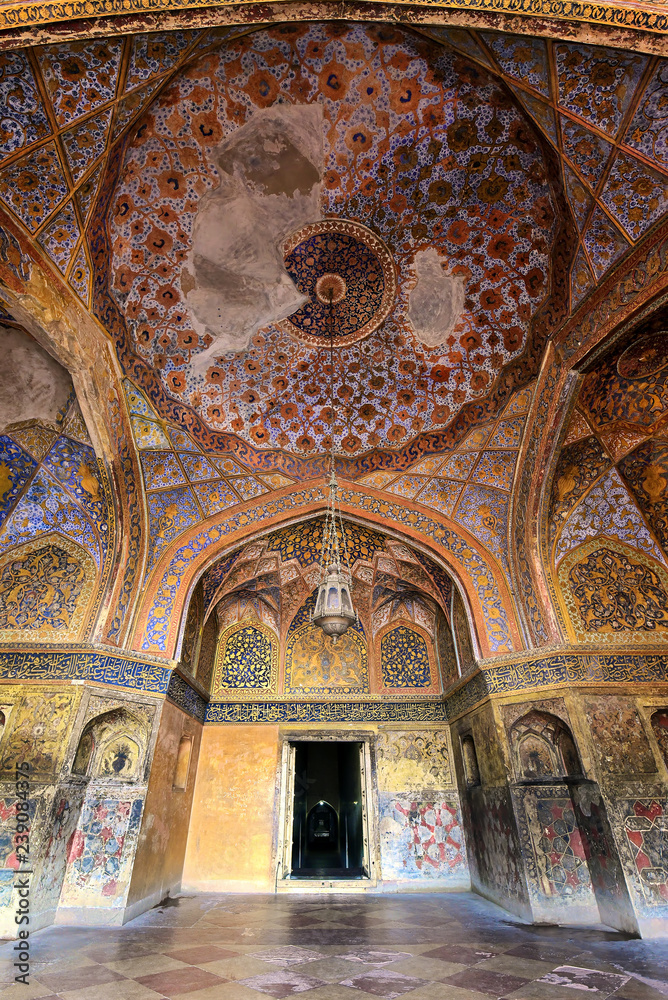 Intricate tomb ceiling details at famous Akbar Mausoleum, built in 1605–1613  in Agra, India