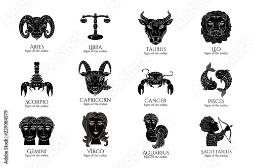 Vector Set Signs of the zodiac. Symbol hand draw All Horoscope black and white