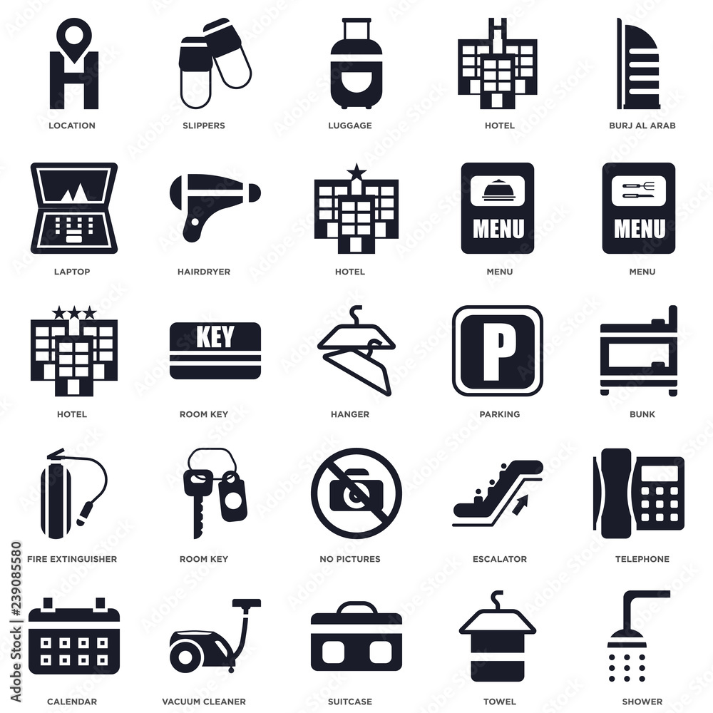 25 icons related to Shower, Towel, Suitcase, Vacuum cleaner, Calendar,  Menu, Parking, No pictures, Fire extinguisher, Laptop, Luggage, Slippers  signs. Vector illustration isolated on white background. Stock Vector |  Adobe Stock