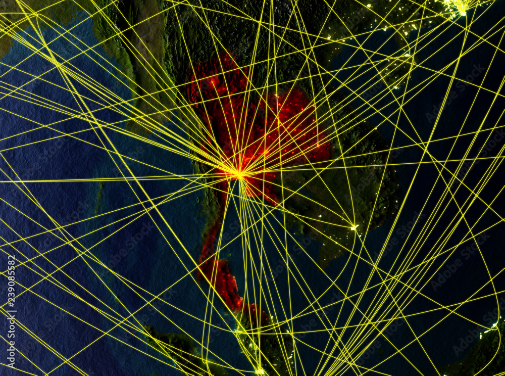 Fototapeta premium Thailand from space on model of planet Earth with networks. Detailed planet surface with city lights.