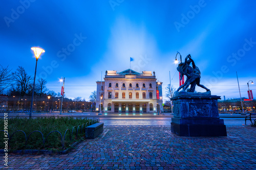 Stora teatern gothenburg sweden during blue hour glowing with lights