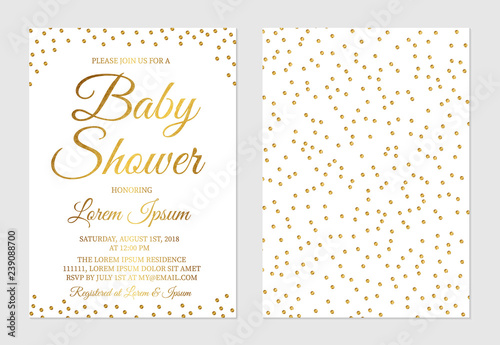 Gold confetti baby shower invitation card front and back side. Golden glittering polka dots invite for the parents to-be party. Vector illustration.