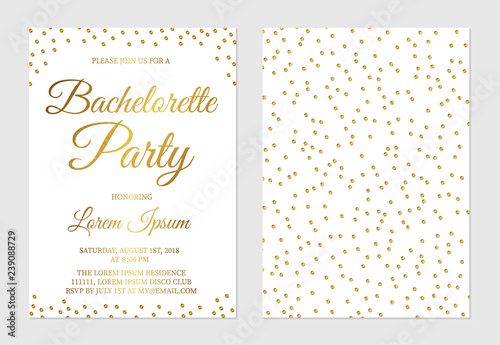 Gold glitter confetti bachelorette party invitation card front and back side. Golden polka dots bridal shower invite. Wedding stationery. Vector illustration.