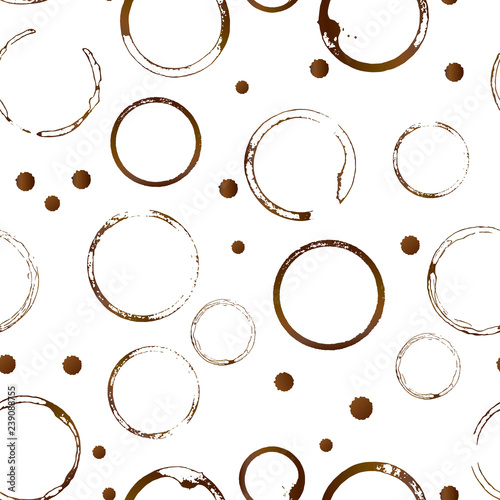 Coffee cup bottom rings seamless pattern. Brown shape  of coffee stains and drop splashes isolated on white. Grunge circles and splatter.
