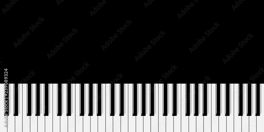 Top view of simplified flat monochrome piano keyboard on black background. Top view of simplified flat monochrome piano keyboard on black background.