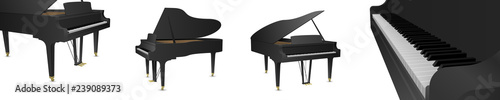 Beautiful realistic detailed colorful shaded black grand piano vector set.