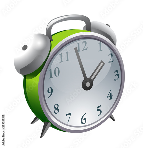 vector illustration of green classic alarm clock in retro style with large numbers 3d