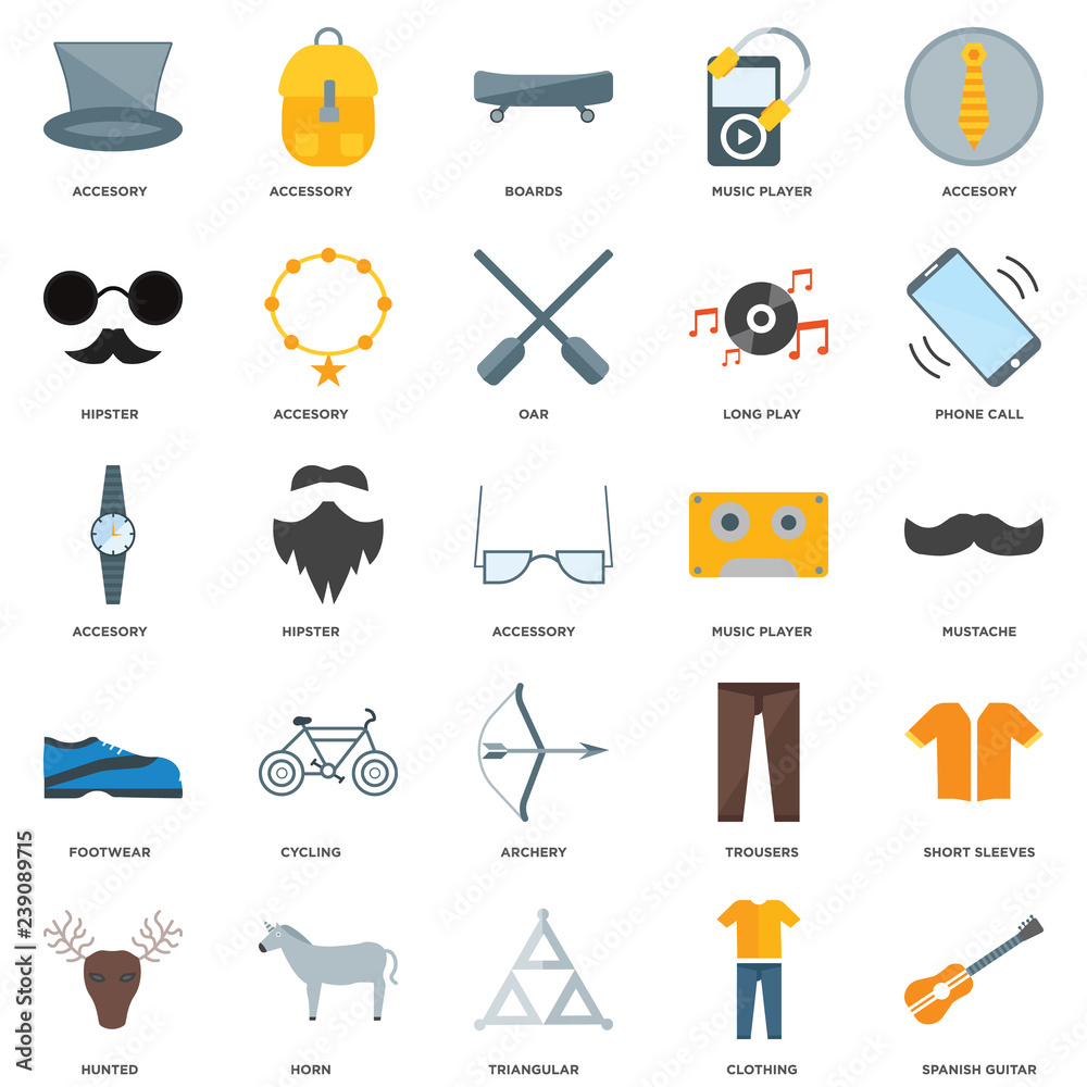 25 icons related to Spanish guitar, Clothing, Triangular, Horn, Hunted, Phone call, Music player, Archery, Footwear, Hipster, Boards, Accessory signs. Vector illustration isolated on white background.