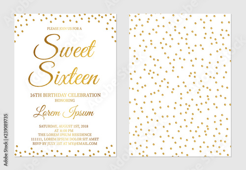 Gold glitter confetti Sweet Sixteen invitation card front and back side. Golden polka dots girl’s 16th birthday party invite flyer.