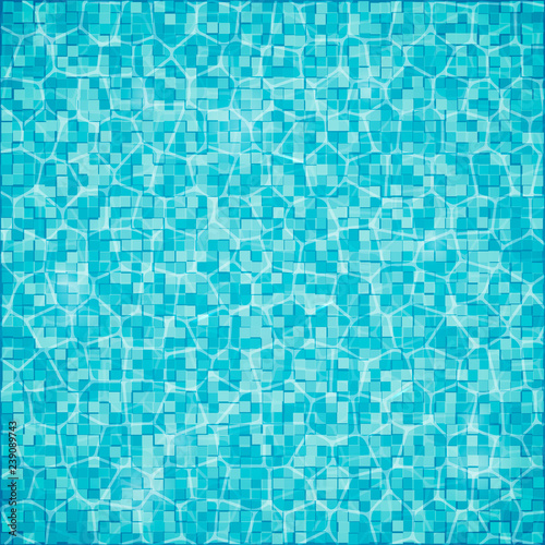 Swimming pool background. Top view of water surface with waves and sun glare on it. Blue tiled bottom. Summer vacation vector illustration.