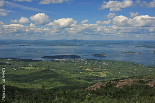 Bar Harbor, Maine as seen from the summit of Cadillac Mountain on a sunny summer day.