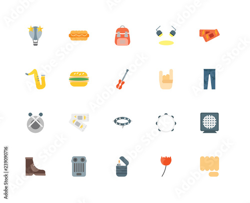 20 icons related to Punch, Rose, Lighter, Guitar pedal, Boots, Ticket, Maloik, Necklace, Drum, Hamburger, Backpack signs. Vector illustration isolated on white background.