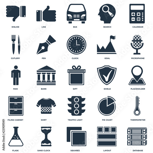 Set Of 25 icons such as Database, Layout, Squares, Sand clock, Flask, Microphone, Shield, Traffic light, Filing cabinet, Cutlery, Bus, Like icon