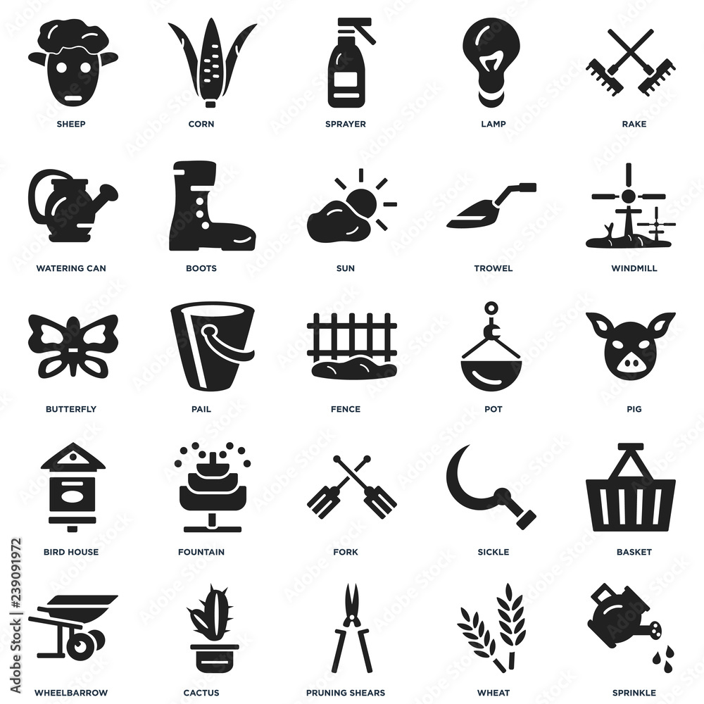 Set Of 25 icons such as Sprinkle, Wheat, Pruning shears, Cactus, Wheelbarrow, Windmill, Pot, Fork, Bird house, Watering can, Sprayer, Corn icon Set Of 25 icons such as Sprinkle, Wheat, Pruning shears, Cactus, Wheelbarrow, Windmill, Pot, Fork, Bird house, Watering can, Sprayer, Corn icon
