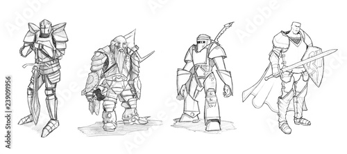 Set of black and white pencil or ink drawings of various fantasy knight and fighter characters in armor and with weapons.