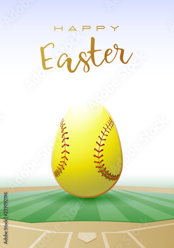 Happy Easter. Sports greeting card. Realistic softball ball in the shape of Easter egg. Vector illustration.