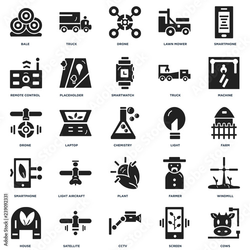 Set Of 25 icons such as Cows, Screen, Cctv, Satellite, house, Machine, Light, Plant, Smartphone, Remote control, Drone, Truck icon