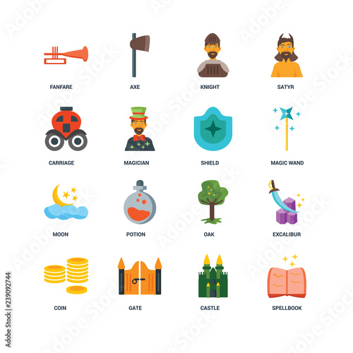 Set Of 16 icons such as Spellbook, Castle, Gate, Coin, Excalibur, Fanfare, Carriage, Moon, Shield icon
