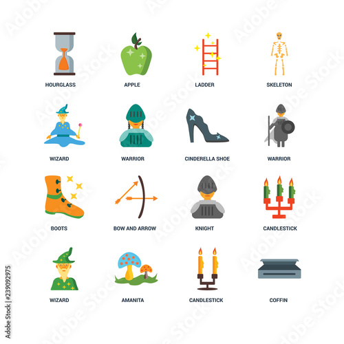 Set Of 16 icons such as Coffin, Candlestick, Amanita, Wizard, Hourglass, Boots, Cinderella shoe icon
