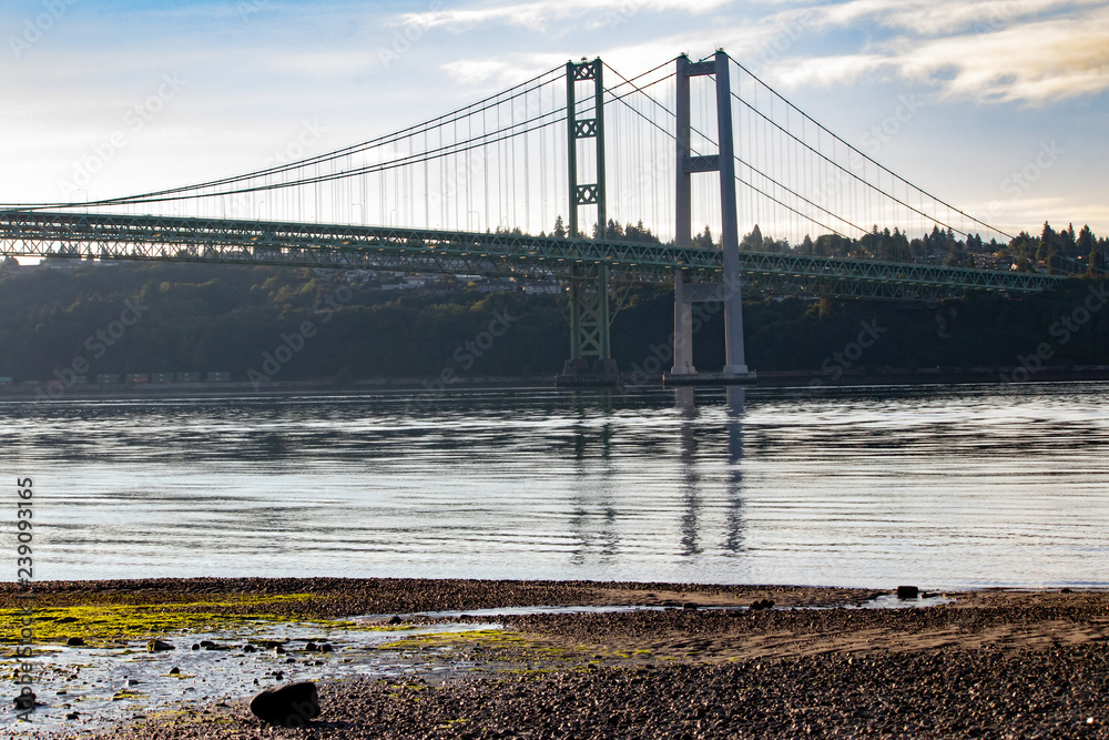 gravel beach near tacoma narrows bridge in summer