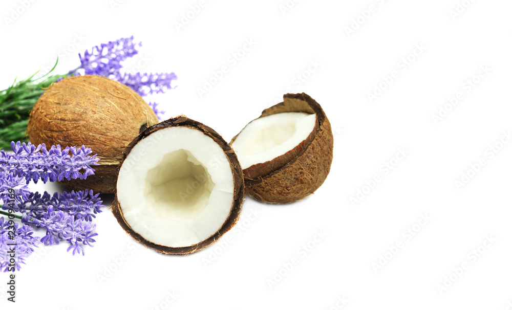 coconut exotic fruit whole and half with lavander coconut exotic fruit whole and half with lavander