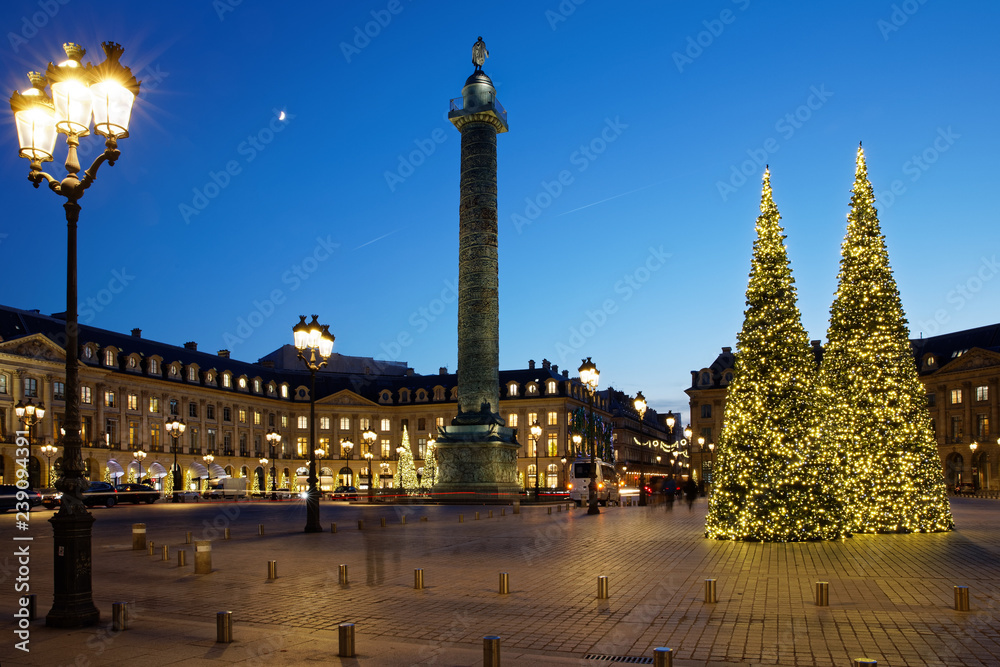 Paris, France - December 13, 2018: Place Vendôme with christmas trees in Paris