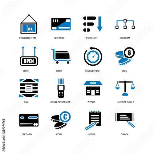 16 icons related to Check, Notes, Coin, Cit card, Justice scale, Presentation, Open, Box, Rewind time, undefined, undefined signs. Vector illustration isolated on white background.