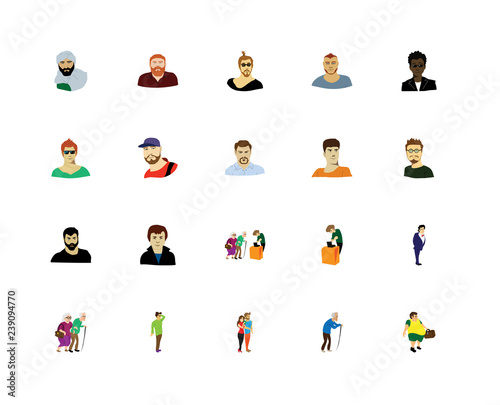 Set Of 20 icons such as Man face, lovers couple avatars character, Confused man standing, icon pack