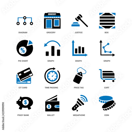 16 icons related to Coin, Megaphone, Wallet, Piggy bank, Cart, Diagram, Pie chart, Cit card, Graph, undefined, undefined signs. Vector illustration isolated on white background.