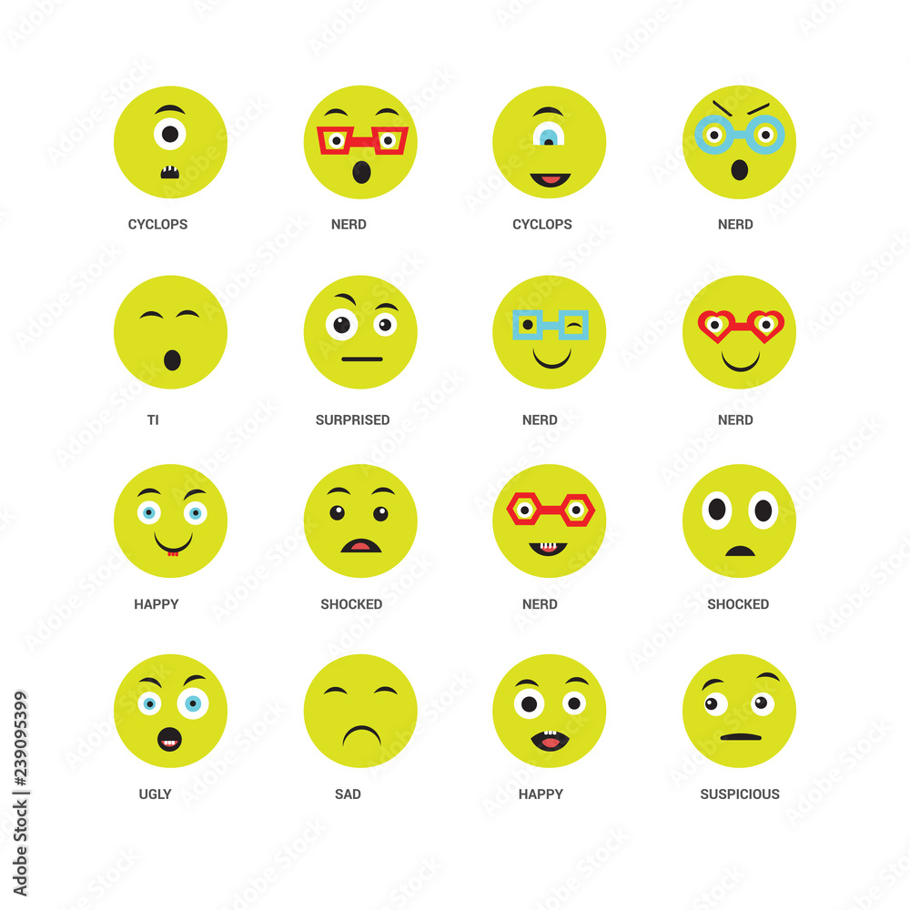 16 icons related to Suspicious, Happy, Sad, Ugly, Shocked, Cyclops, Ti, Nerd, undefined, undefined signs. Vector illustration isolated on white background. 16 icons related to Suspicious, Happy, Sad, Ugly, Shocked, Cyclops, Ti, Nerd, undefined, undefined signs. Vector illustration isolated on white background.